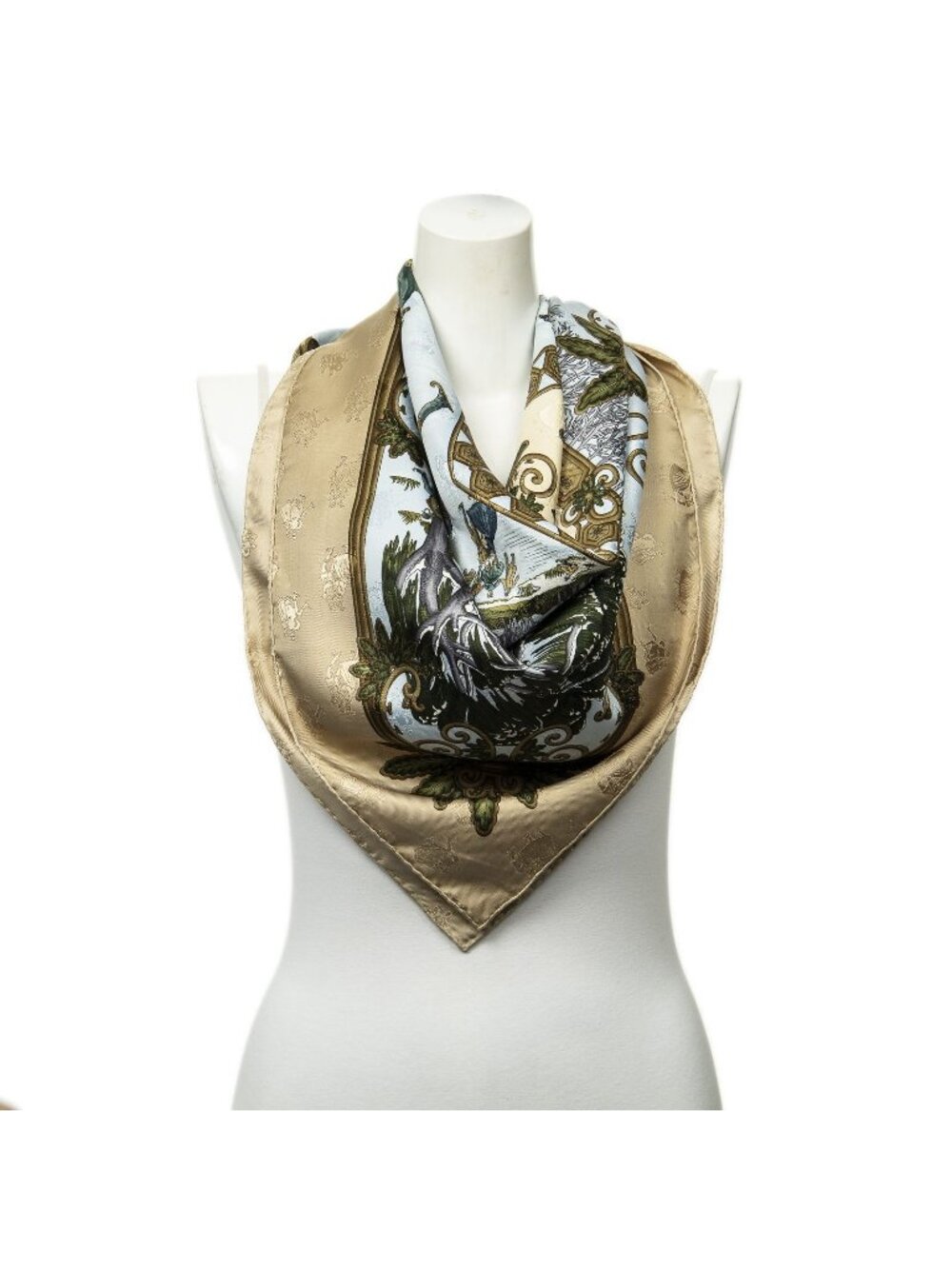 Hermes Scarf Beige Light Blue Green Jacquard Silk